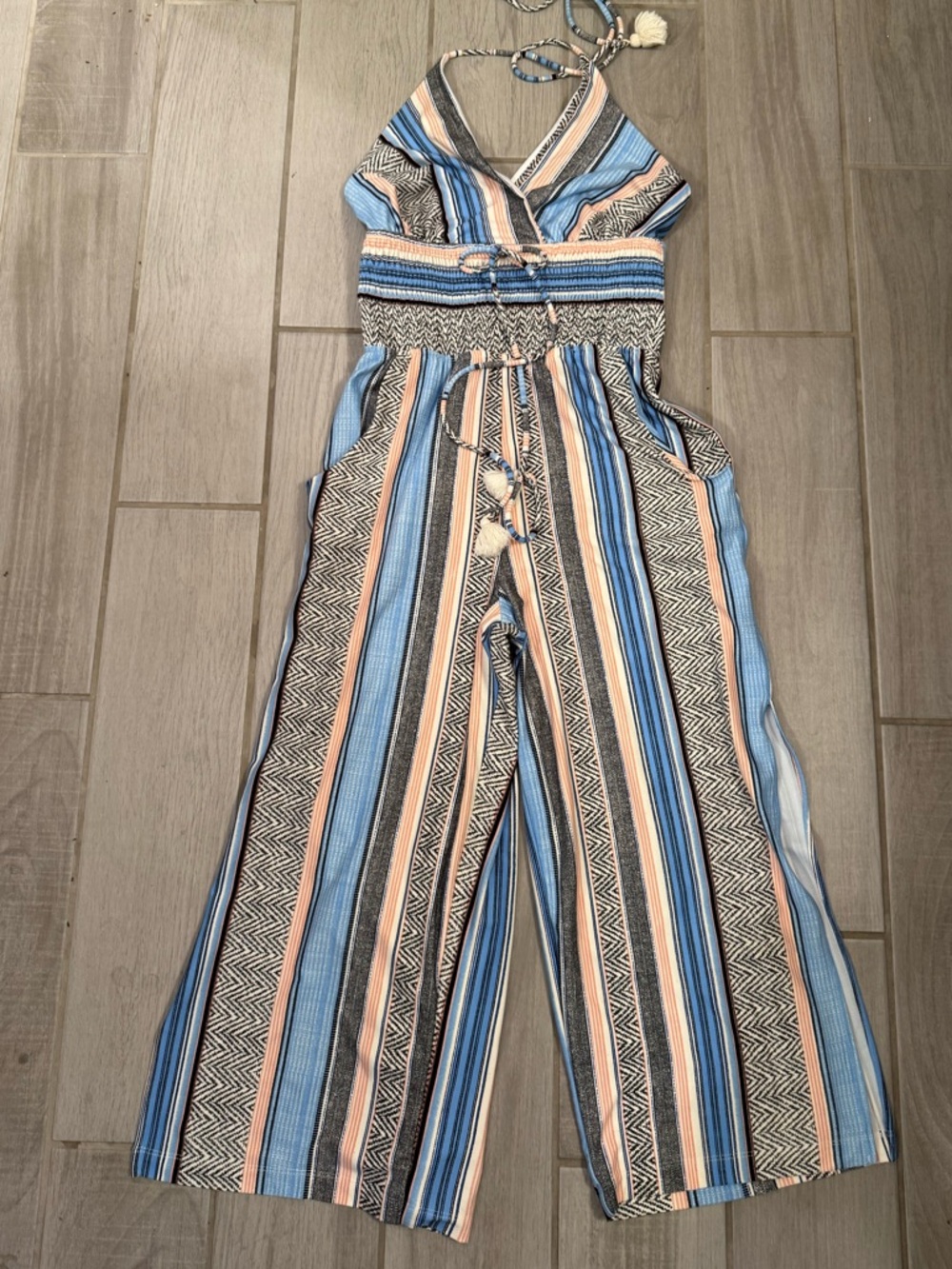 VENUS Blue & Cream Striped Halter Jumpsuit - Picture 2 of 8